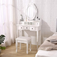 VEANERWOOD Makeup Vanity Table, Vintage Mirror Vanity Desk with Cushioned Stool Set, 5 Drawers and Shelf, Bedroom Dressing Vanity, Luxurious, White