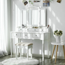 Vasagle Vanity Makeup Set with 7 Drawers, 2 Brush Slots and 4 Open Compartments, Dressing Table with Tri-Fold Necklace Hooked Mirror, Solid Wood Legs, Cushioned Stool, White