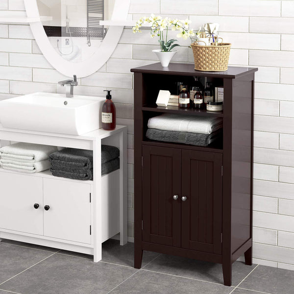Homfa Bathroom Storage Cabinet, Wood Bathroom Storage Organizer with 2 Doors, Bathroom Cabinet with Shelves and Storage, Dark Brown Finish