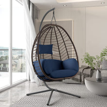Kullavik Egg Chair with Stand Hammock Chair Wicker Rattan Patio Hanging Egg Chair, Indoor Outdoor Swing Egg Chair with Cushion Headrest for Patio Bedroom Porch Garden Balcony,Navy Blue
