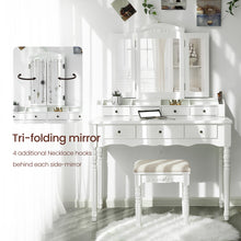 Vasagle Vanity Makeup Set with 7 Drawers, 2 Brush Slots and 4 Open Compartments, Dressing Table with Tri-Fold Necklace Hooked Mirror, Solid Wood Legs, Cushioned Stool, White
