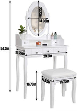 VEANERWOOD Makeup Vanity Table, Vintage Mirror Vanity Desk with Cushioned Stool Set, 5 Drawers and Shelf, Bedroom Dressing Vanity, Luxurious, White