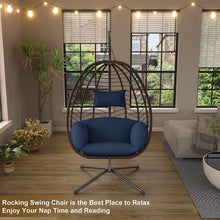 Kullavik Egg Chair with Stand Hammock Chair Wicker Rattan Patio Hanging Egg Chair, Indoor Outdoor Swing Egg Chair with Cushion Headrest for Patio Bedroom Porch Garden Balcony,Navy Blue