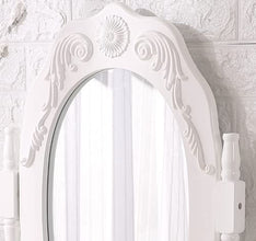 VEANERWOOD Makeup Vanity Table, Vintage Mirror Vanity Desk with Cushioned Stool Set, 5 Drawers and Shelf, Bedroom Dressing Vanity, Luxurious, White