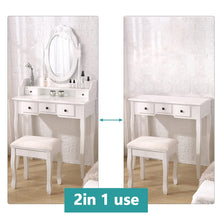 VEANERWOOD Makeup Vanity Table, Vintage Mirror Vanity Desk with Cushioned Stool Set, 5 Drawers and Shelf, Bedroom Dressing Vanity, Luxurious, White