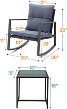 Pyramid Home Decor 3-Piece Rocking Bistro Set - Durable & Stylish Synthetic Wicker Outdoor Furniture - Glass Coffee Table with 2 Chairs for Balcony, Patio & Porch - Black Metal, Soft Gray Cushions