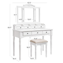 Vasagle Vanity Makeup Set with 7 Drawers, 2 Brush Slots and 4 Open Compartments, Dressing Table with Tri-Fold Necklace Hooked Mirror, Solid Wood Legs, Cushioned Stool, White