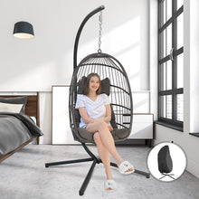RADIATA Foldable Wicker Rattan Hanging Egg Chair with Stand, Swing Chair with Cushion and Pillow, Lounging Chair for Indoor Outdoor Bedroom Patio Garden (Beige with Stand)