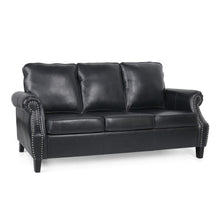 Noble House Amedou Faux Leather 3 Seater Sofa with Nailhead Trim, Midnight Black and Dark Brown