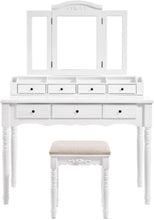 Vasagle Vanity Makeup Set with 7 Drawers, 2 Brush Slots and 4 Open Compartments, Dressing Table with Tri-Fold Necklace Hooked Mirror, Solid Wood Legs, Cushioned Stool, White