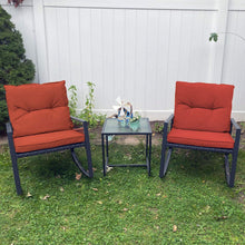 Pyramid Home Decor 3-Piece Rocking Bistro Set - Durable & Stylish Synthetic Wicker Outdoor Furniture - Glass Coffee Table with 2 Chairs for Balcony, Patio & Porch - Black Metal, Soft Gray Cushions