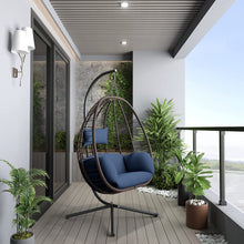 Kullavik Egg Chair with Stand Hammock Chair Wicker Rattan Patio Hanging Egg Chair, Indoor Outdoor Swing Egg Chair with Cushion Headrest for Patio Bedroom Porch Garden Balcony,Navy Blue