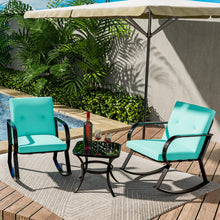 Greesum 3 Pieces Patio Furniture Sets, Outdoor Conversation Rocking Chairs with Soft Cushions and Glass Coffee Table for Balcony, Porch, Yard, Blue