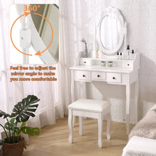 VEANERWOOD Makeup Vanity Table, Vintage Mirror Vanity Desk with Cushioned Stool Set, 5 Drawers and Shelf, Bedroom Dressing Vanity, Luxurious, White