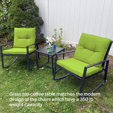 Pyramid Home Decor 3-Piece Rocking Bistro Set - Durable & Stylish Synthetic Wicker Outdoor Furniture - Glass Coffee Table with 2 Chairs for Balcony, Patio & Porch - Black Metal, Soft Gray Cushions