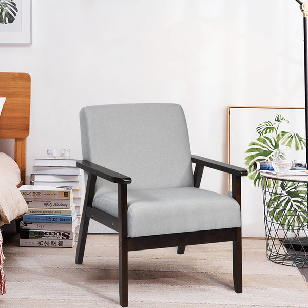 Gymax Fabric Armchair Wooden Upholstered Accent Chair Home Office Light Gray