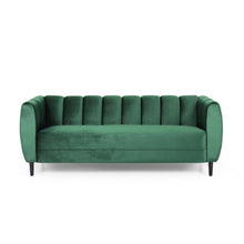 Noble House Hildred Velvet Channel Stitch Sofa, Emerald, Dark Brown
