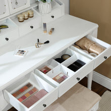 Vasagle Vanity Makeup Set with 7 Drawers, 2 Brush Slots and 4 Open Compartments, Dressing Table with Tri-Fold Necklace Hooked Mirror, Solid Wood Legs, Cushioned Stool, White