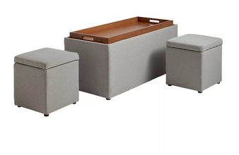 Storage Bench with Tray and 2 Ottomans in Greige